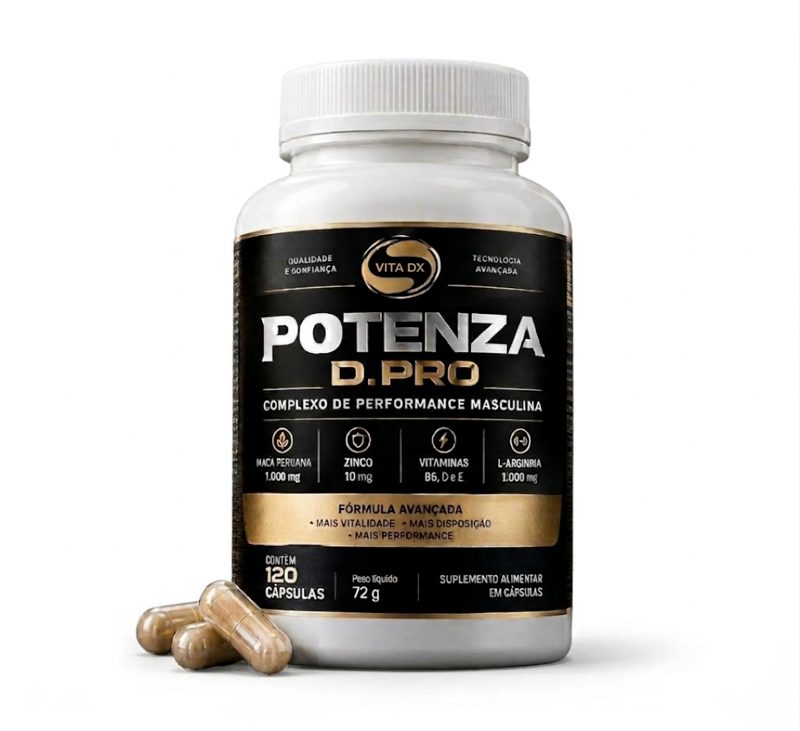 Frasco do Composto Bioativo Potenza D.pro Vita DX com 120 cápsulas e três cápsulas ao lado